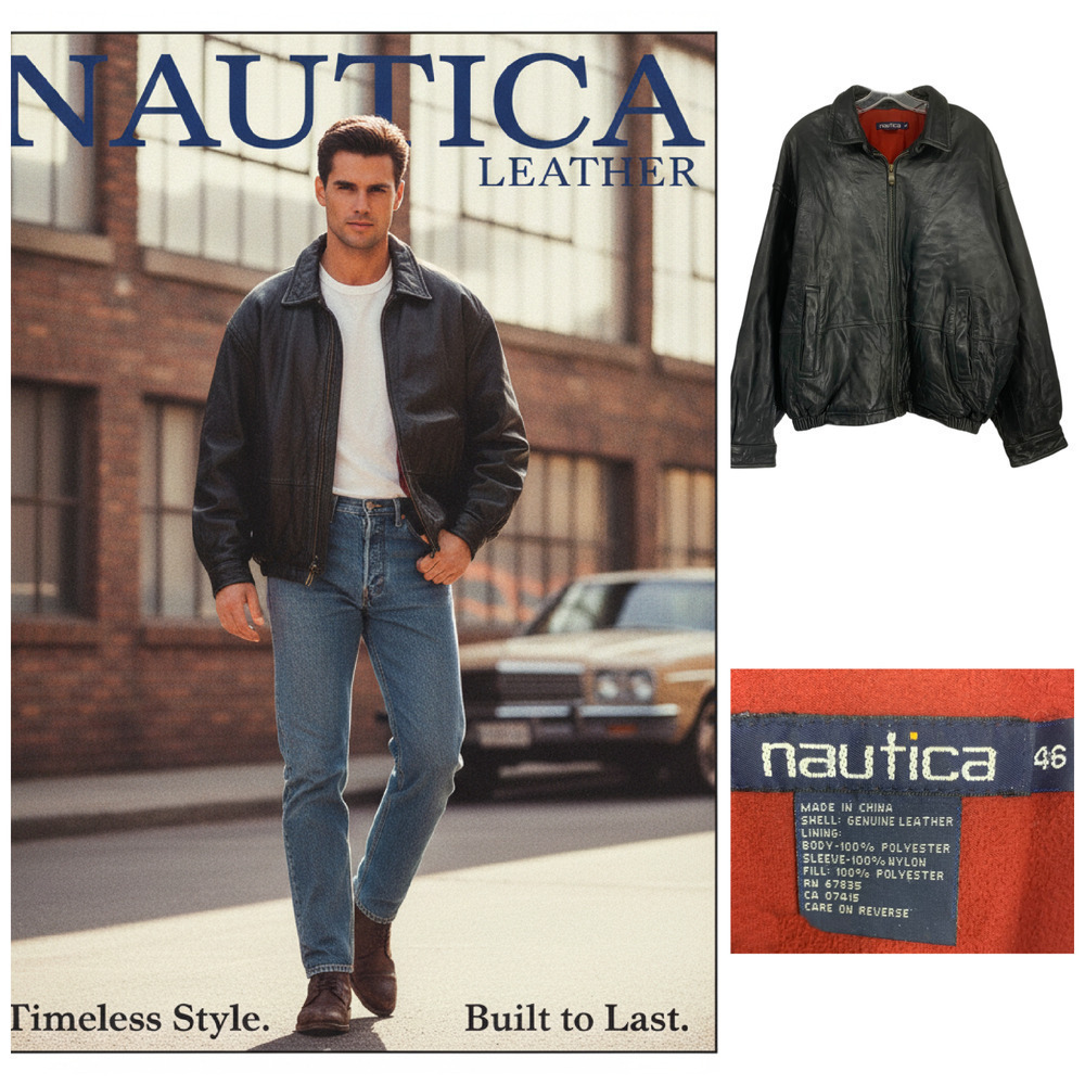 Vintage 1990's Nautica Men's Sz 46 Black Leather Bomber Jacket Butter Soft Lined